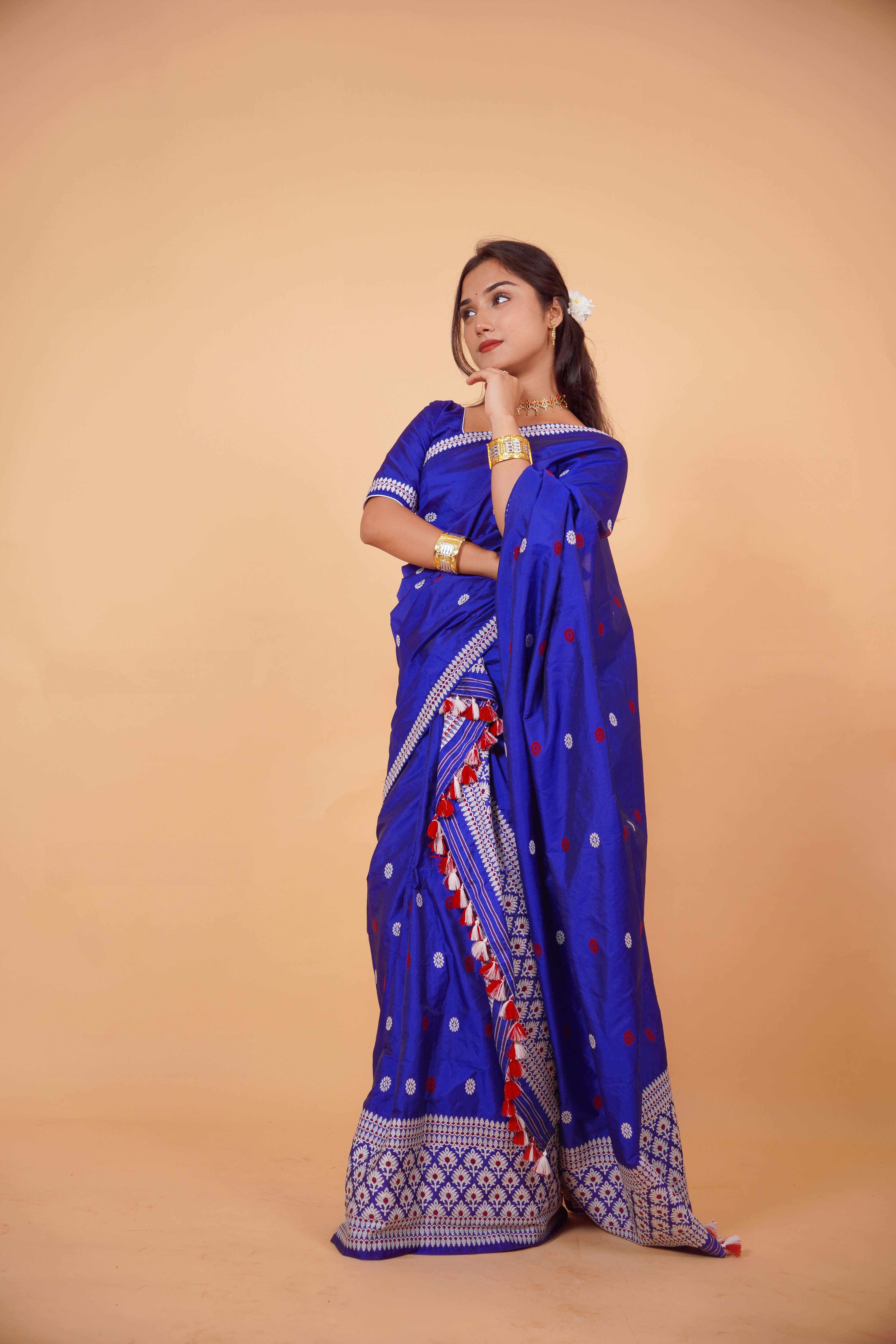 Assam Handmade Royal Blue Pat Silk Mekhela Chador